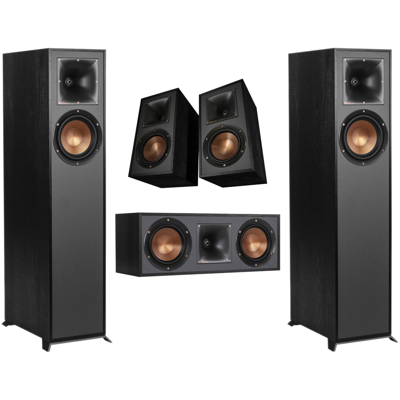 Klipsch R610F Tower Speakers (Pair), R52C Centre Channel Speaker, & R41M Bookshelf Speakers - Black
